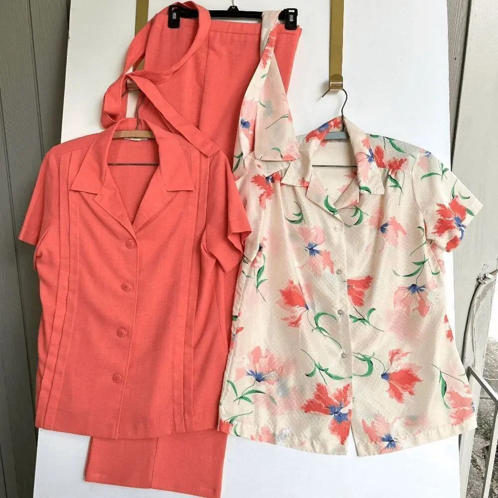 VTG 70s Coral Pant Suit Set Wide Leg Disco Cruise Outfit Theme XL